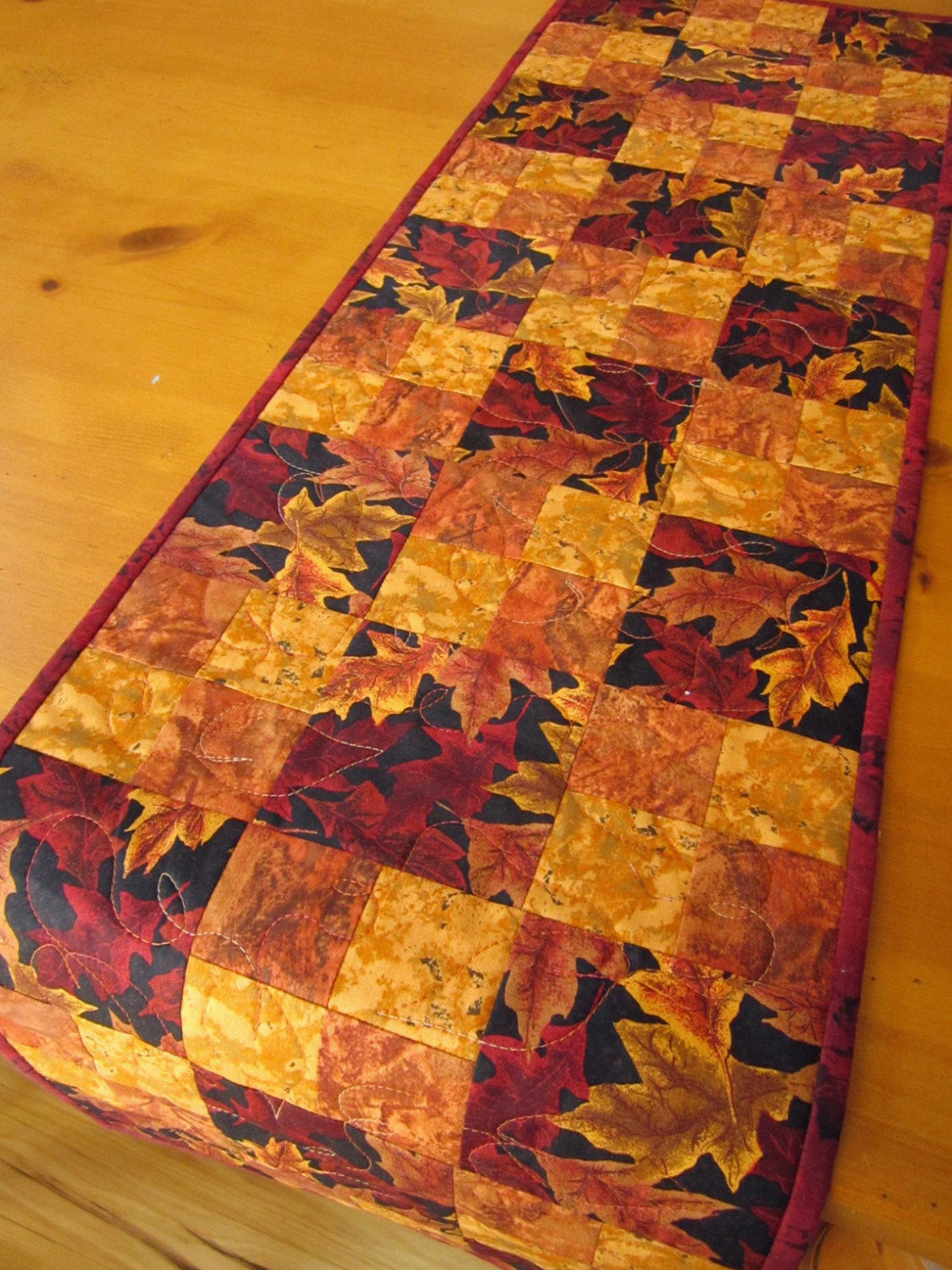Fall Table Runner Handmade Quilted Leaves