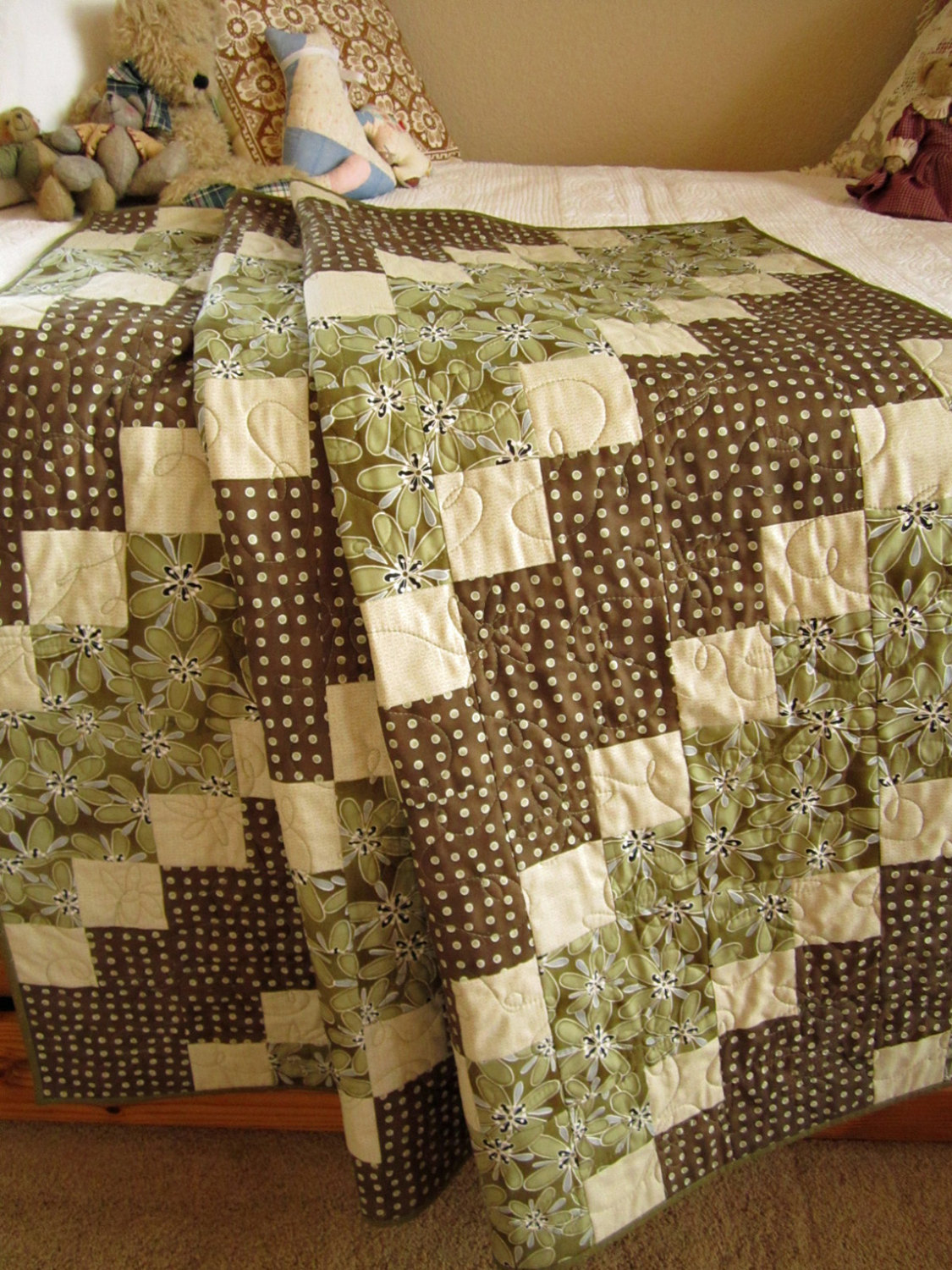 Patchwork Quilt Brown And Green Diagonal Handmade Patchwork Quilt on Luulla