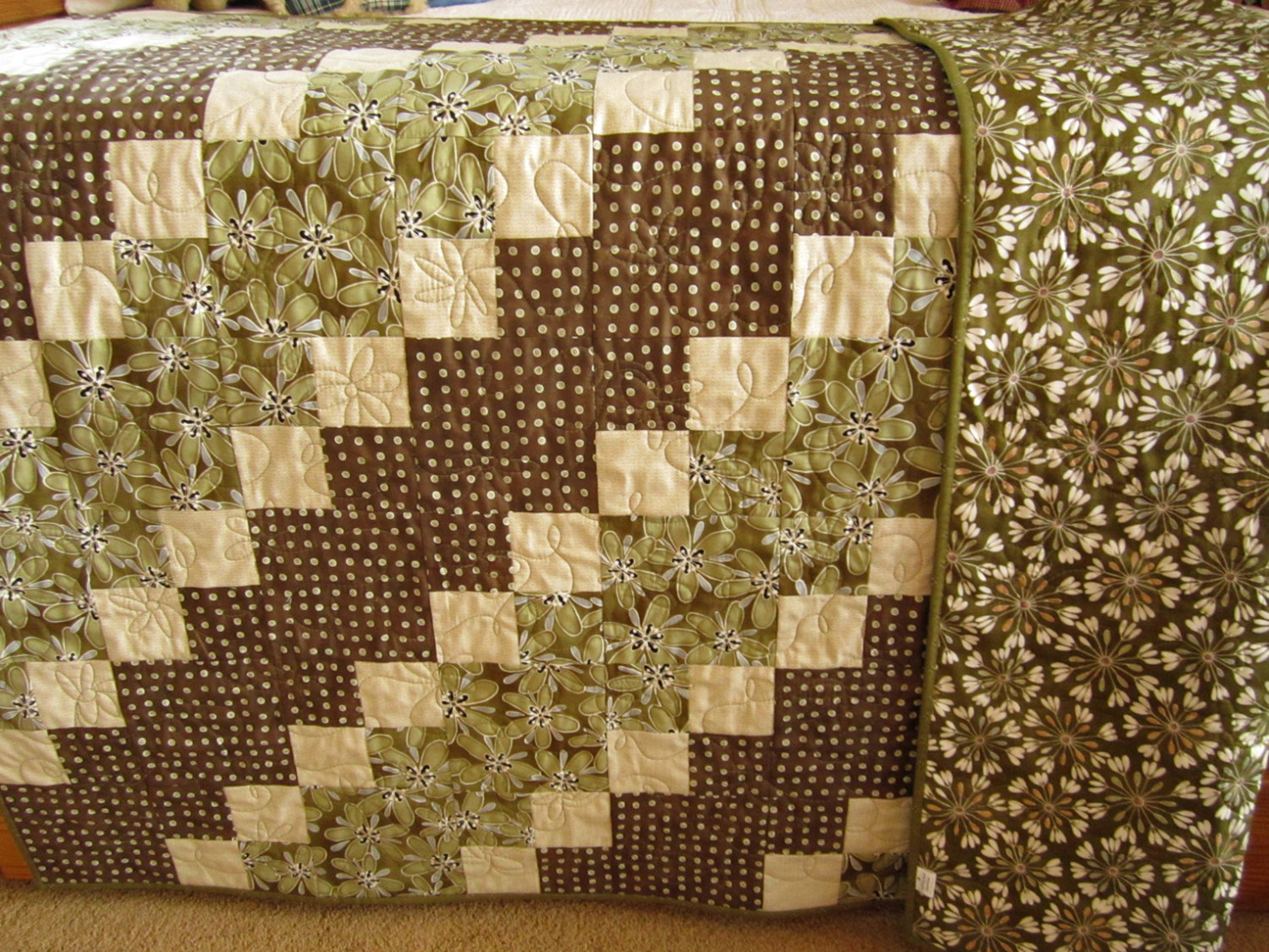 Patchwork Quilt Brown And Green Diagonal Handmade Patchwork Quilt on Luulla